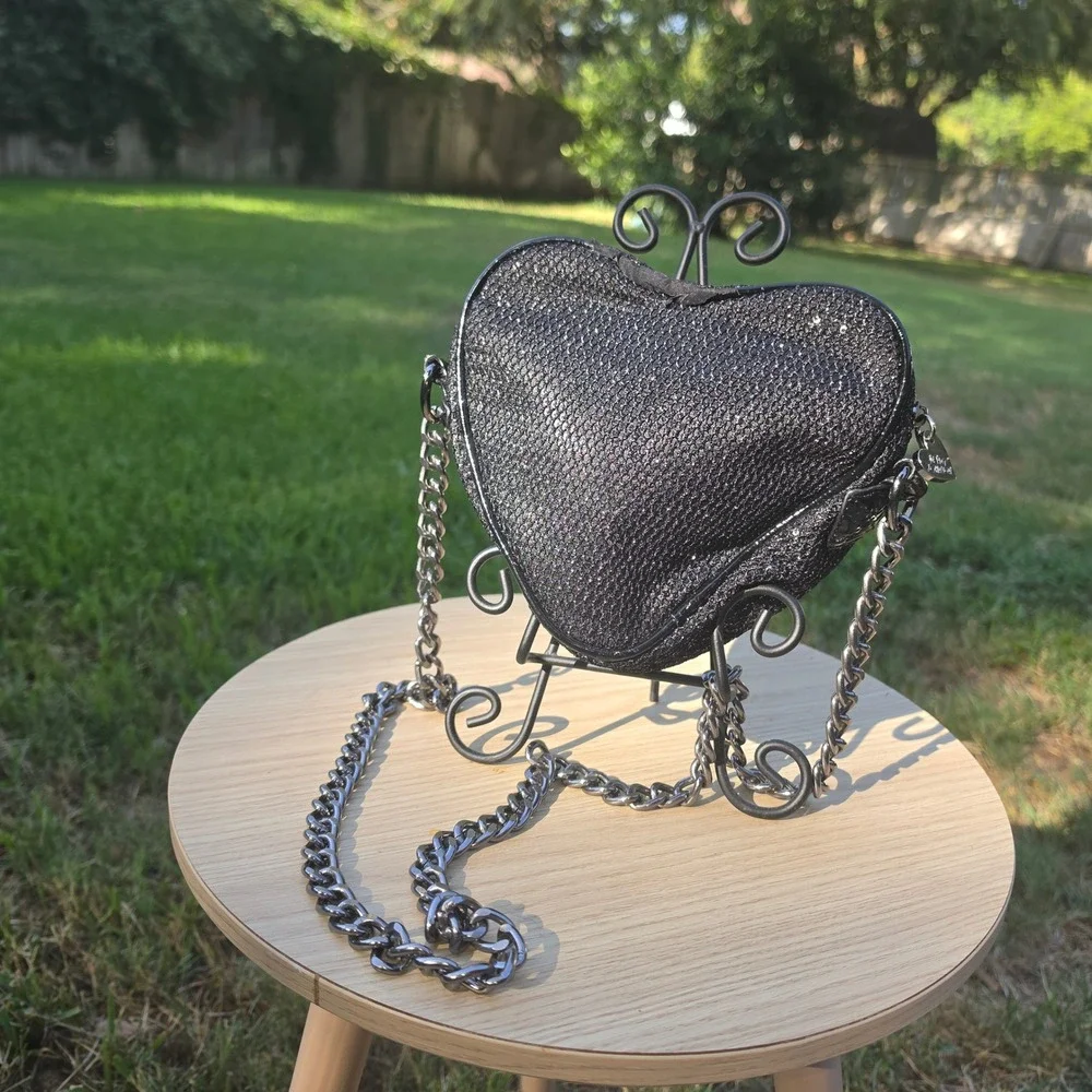 Betsey Johnson Black Sequin Heart Crossbody Bag Gunmetal Chain Strap